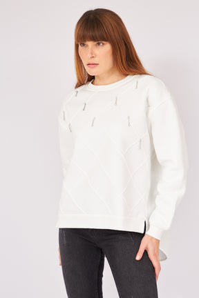 Taş Detaylı Sweatshirt Beyaz 2814