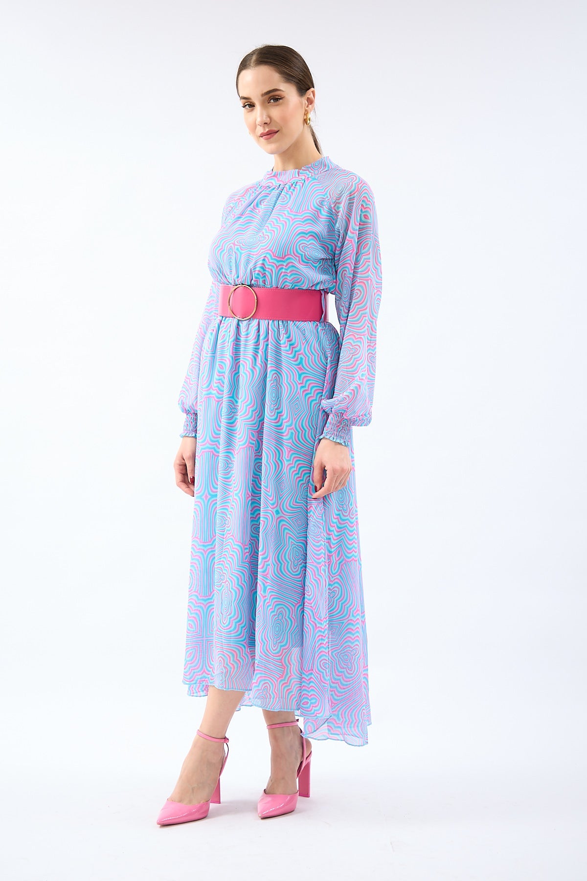 Kemerli Ve Desenli Midi Elbise 4543