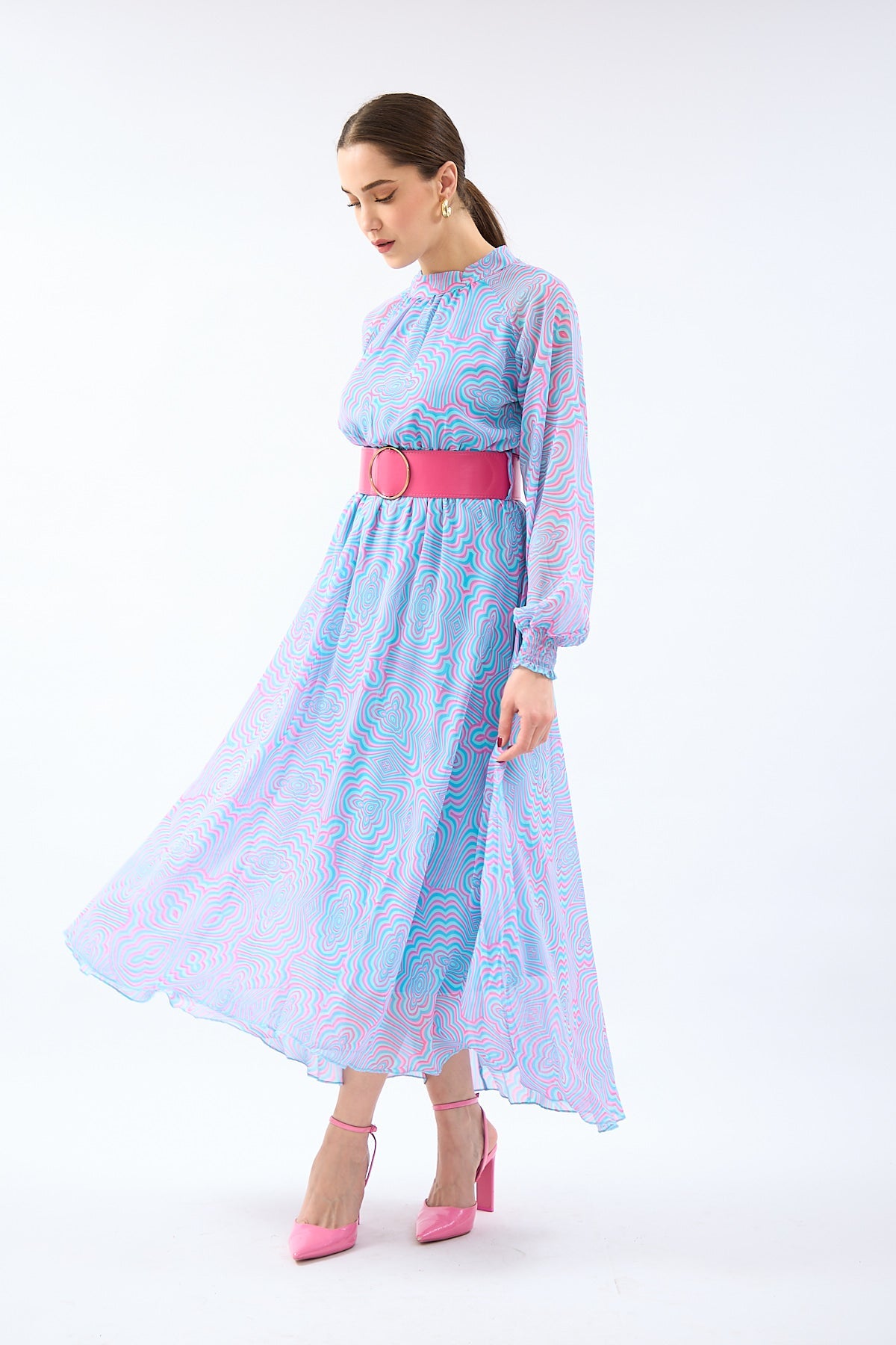 Kemerli Ve Desenli Midi Elbise 4543