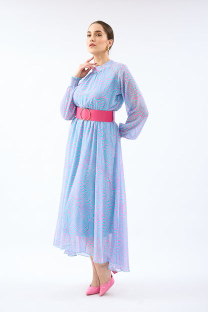 Kemerli Ve Desenli Midi Elbise 4543