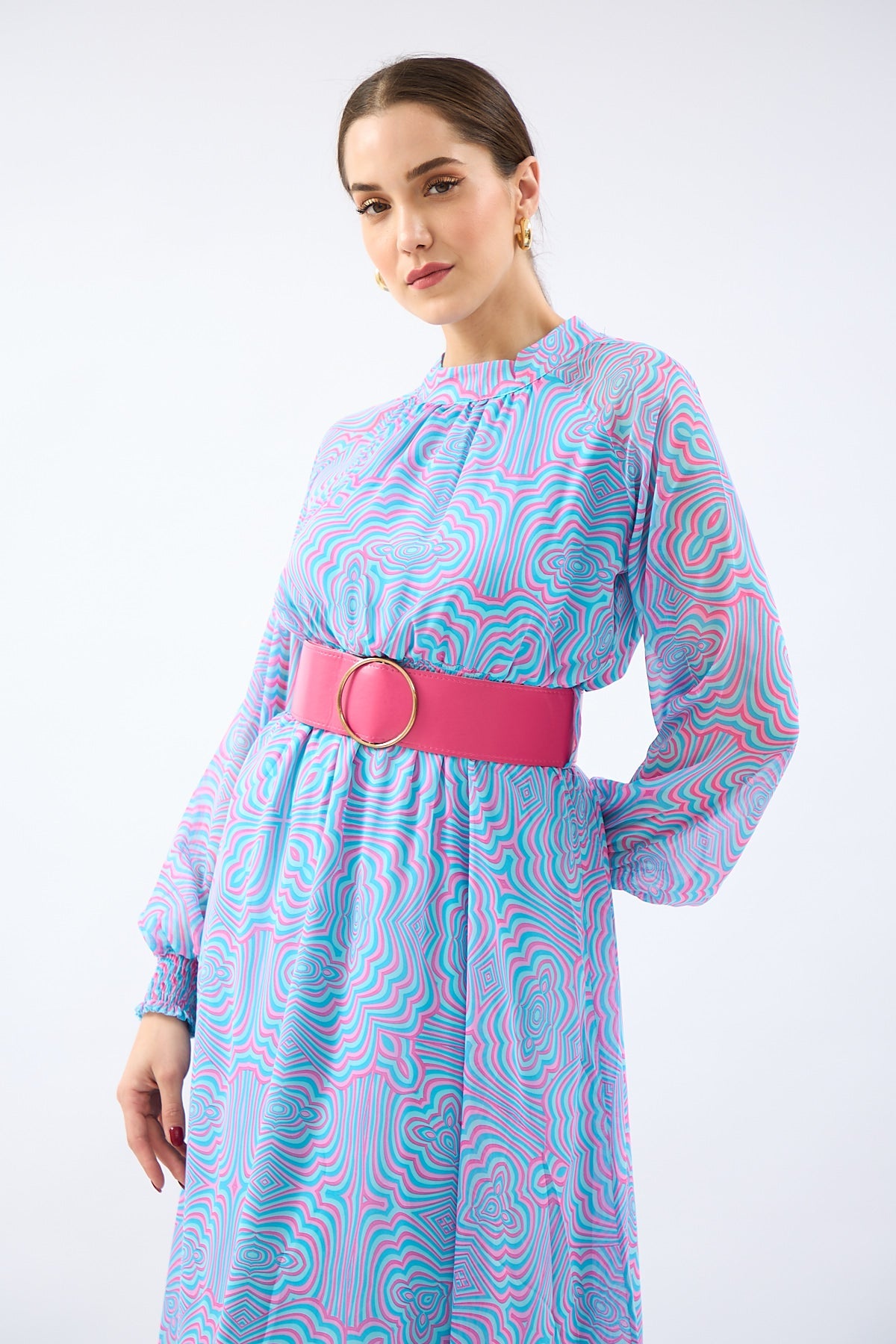 Kemerli Ve Desenli Midi Elbise 4543