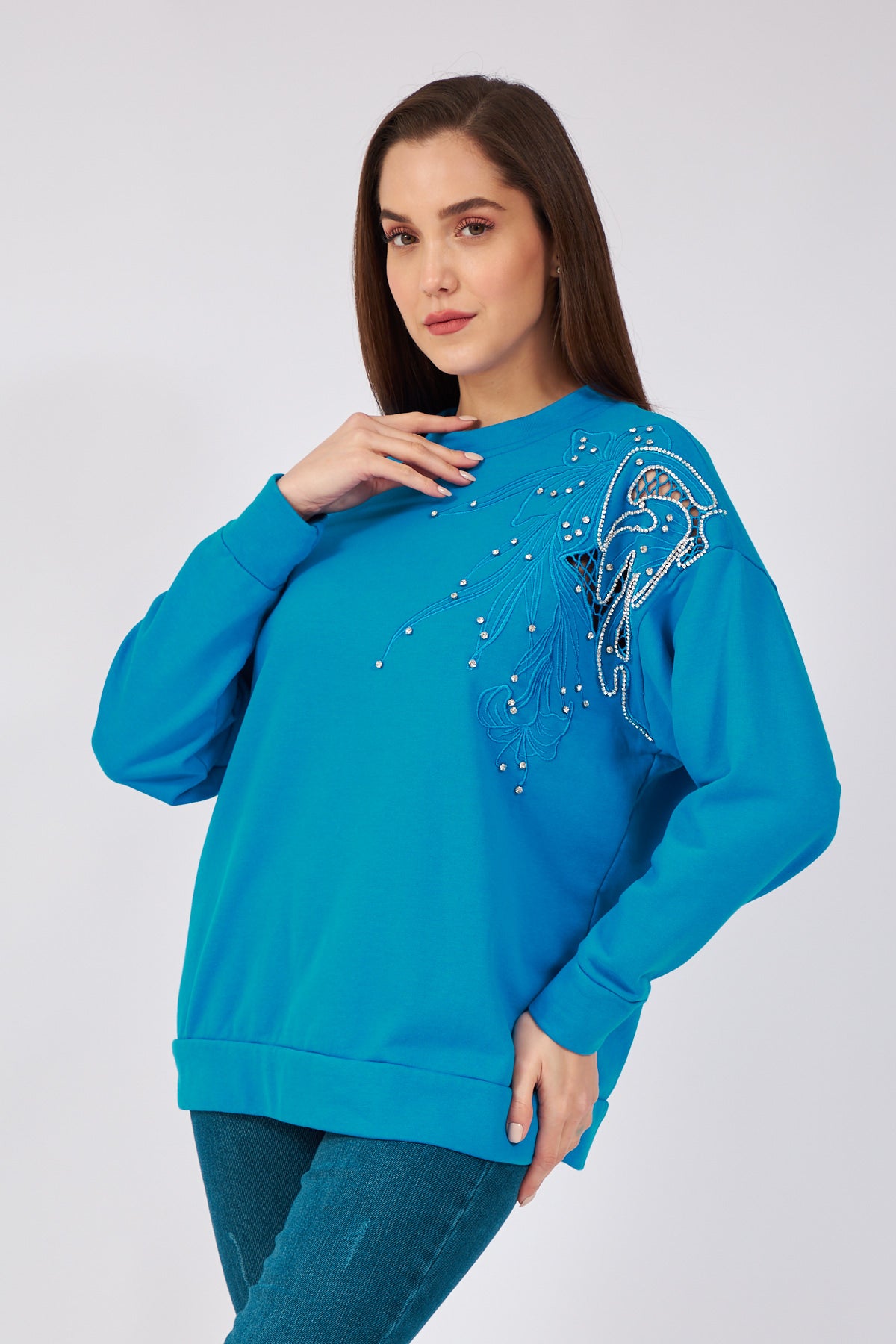 Taş Detaylı Sweatshirt Mavi 2833