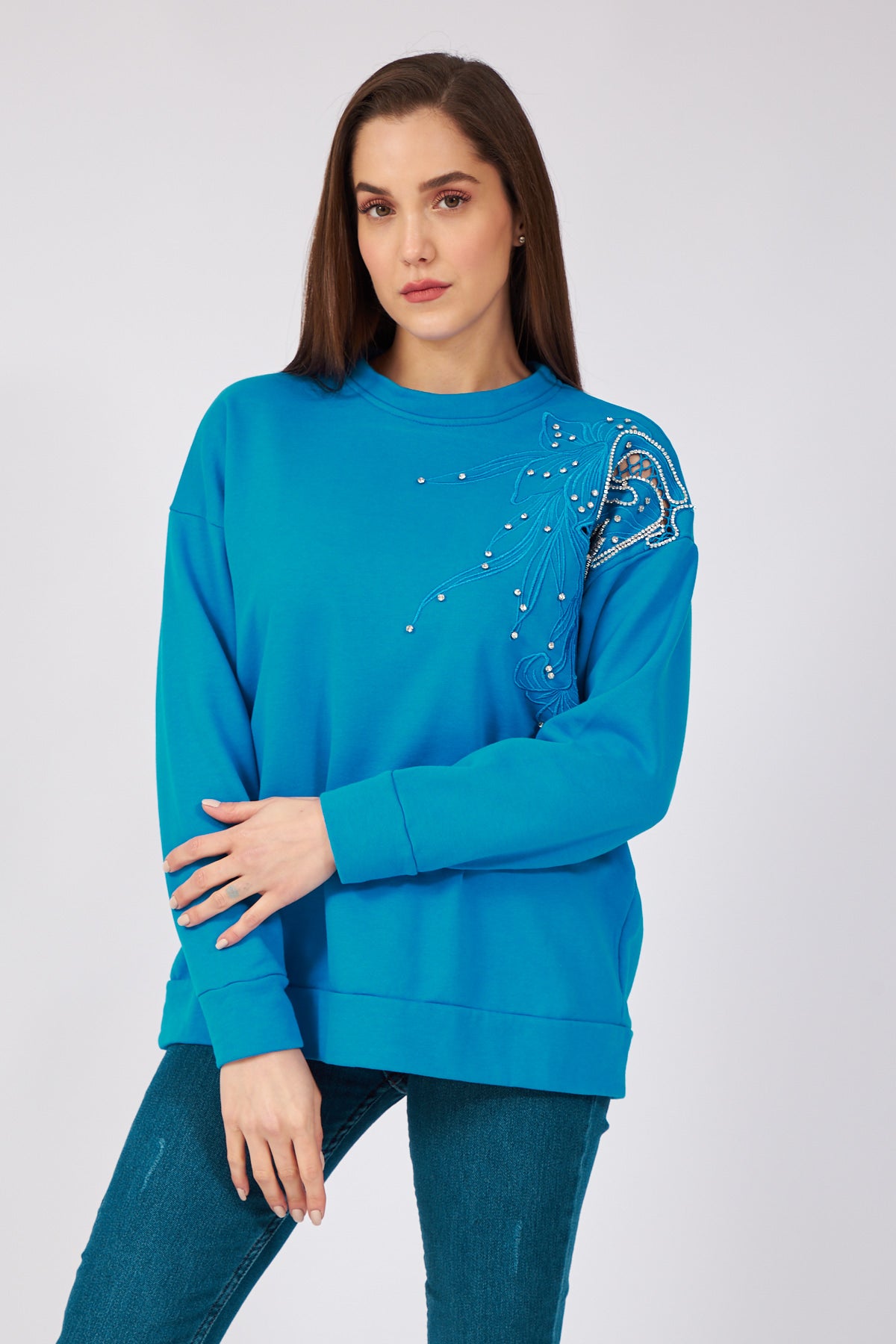 Taş Detaylı Sweatshirt Mavi 2833