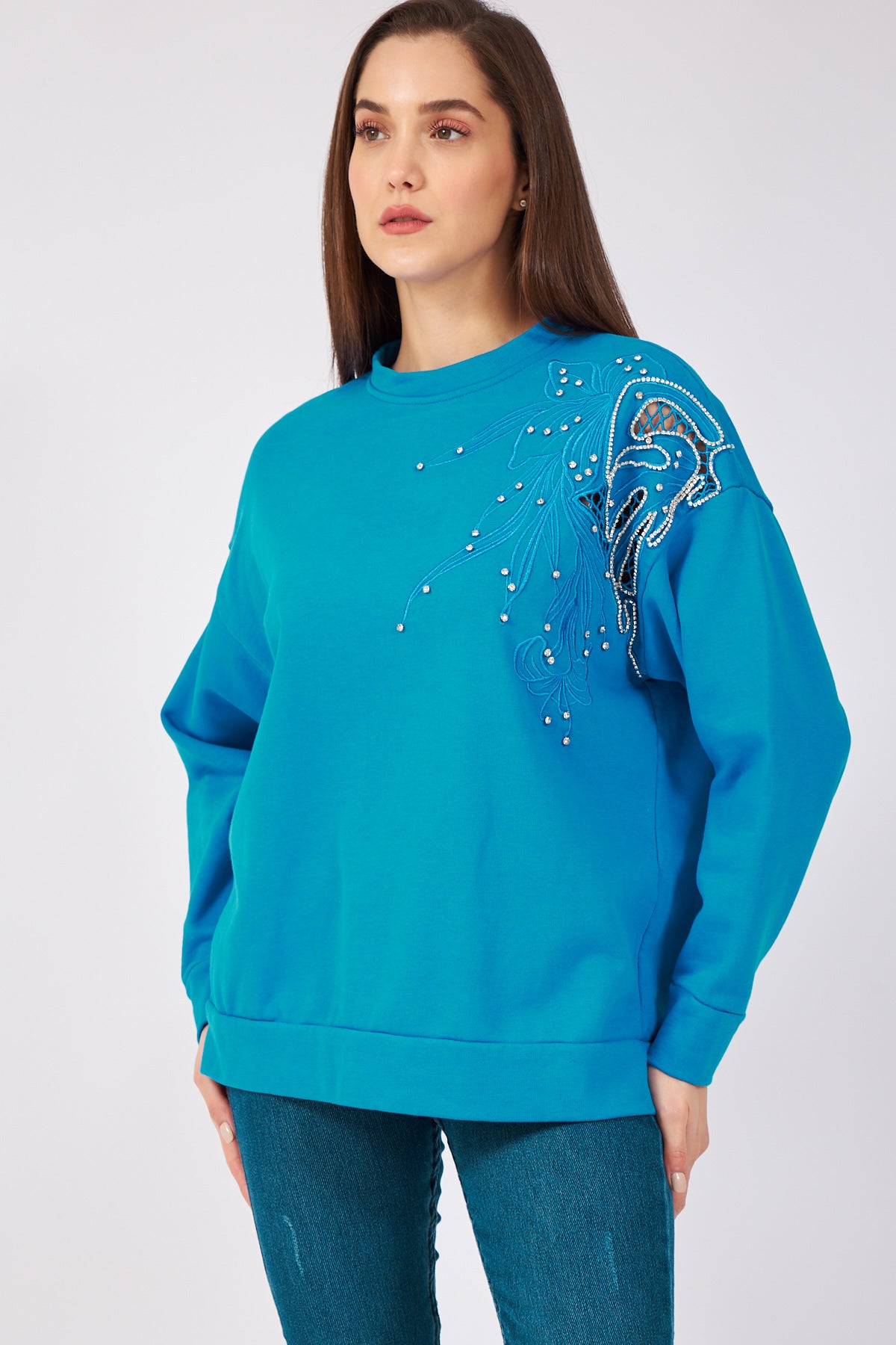 Taş Detaylı Sweatshirt Mavi 2833