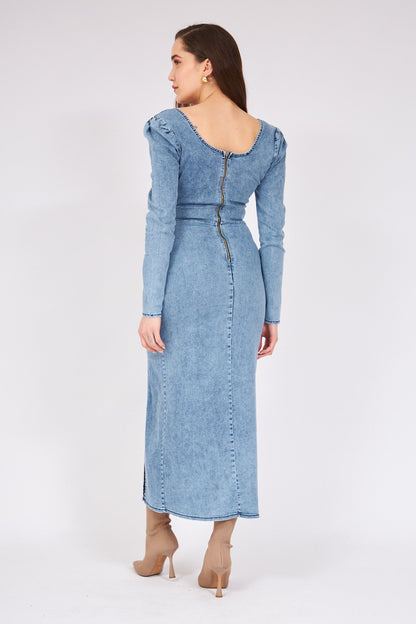 Uzun Kol Denim Elbise Mavi 1004