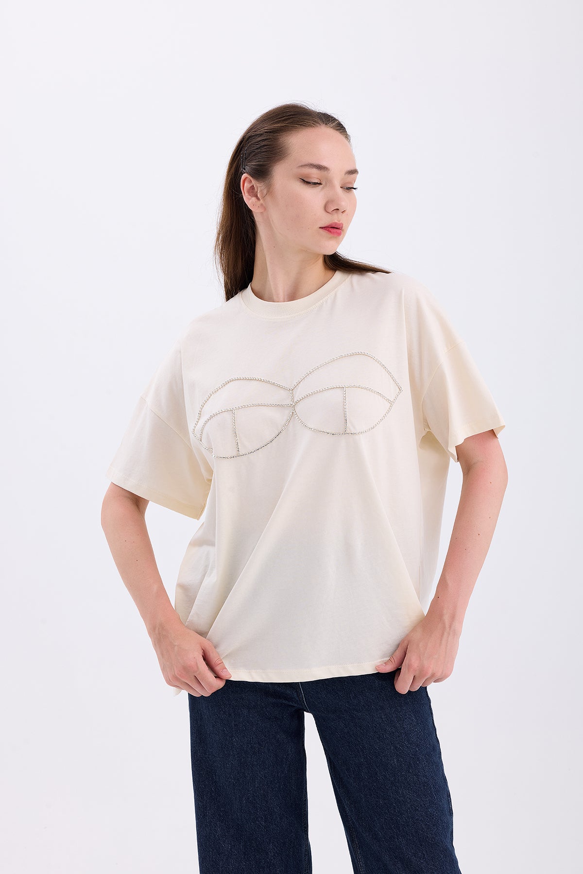 Taşlı Basic Tshirt Beyaz 1091