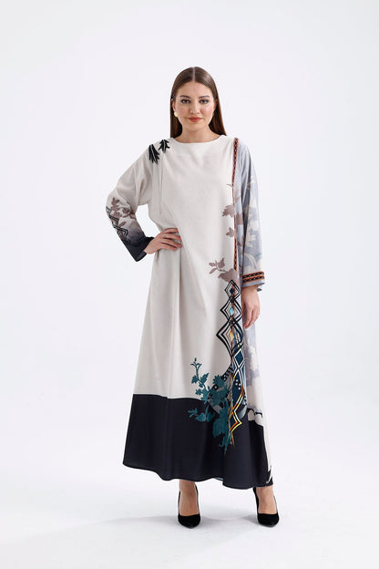 Kimono Çiçek Desenli Ekru Mavi 4001