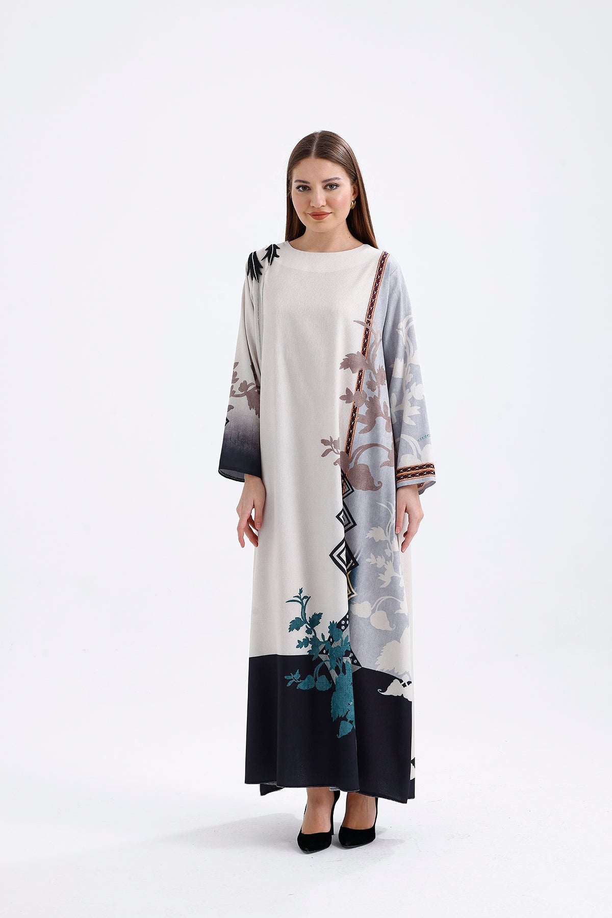 Kimono Çiçek Desenli Ekru Mavi 4001