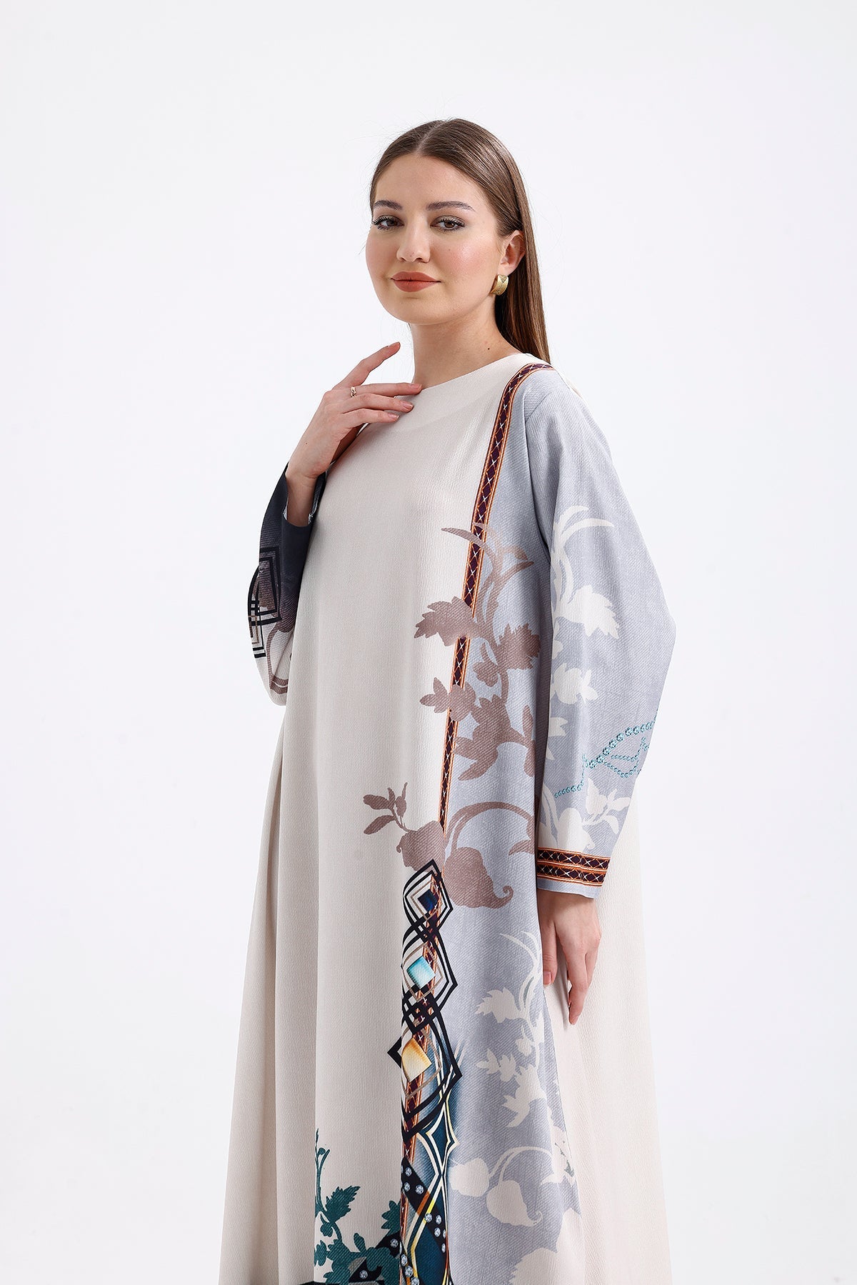 Kimono Çiçek Desenli Ekru Mavi 4001