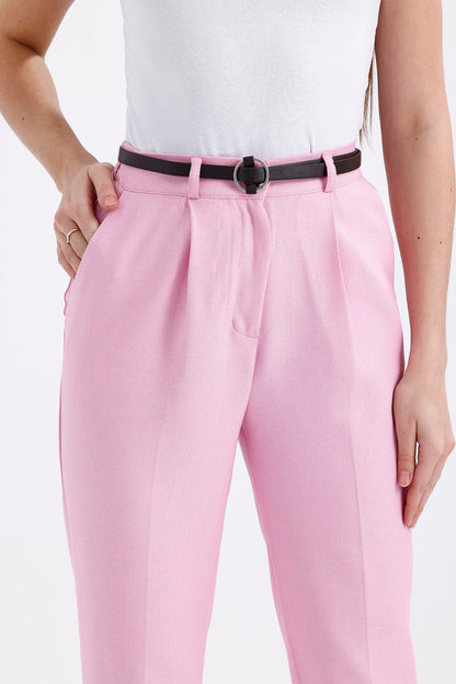 Yüksek Bel Kemerli Pantolon Pembe 0651