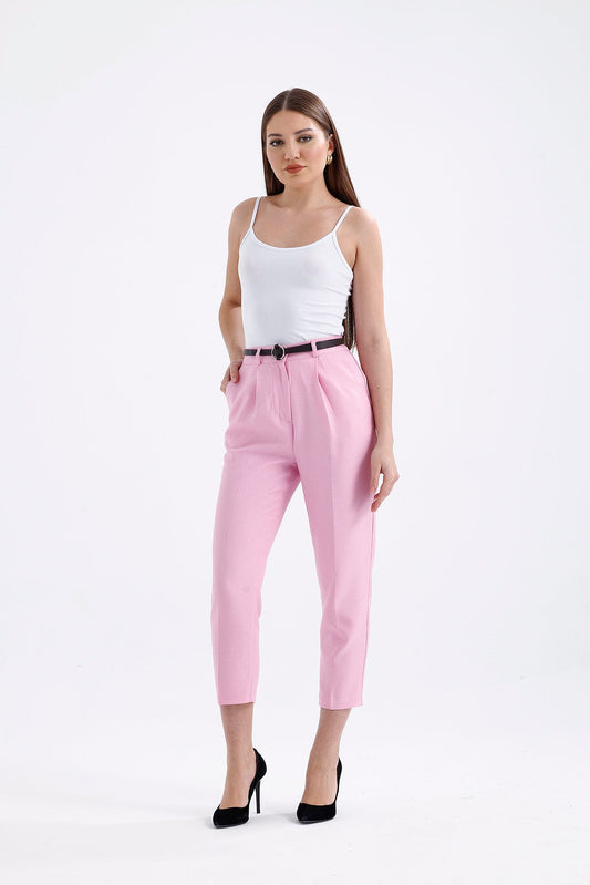 Yüksek Bel Kemerli Pantolon Pembe 0651