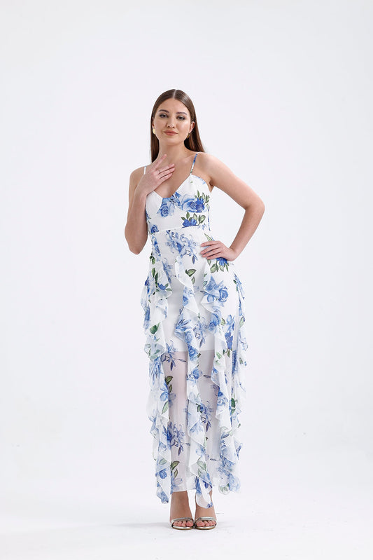Fırfır Detaylı Askılı Maxi Boy Elbise Mavi 1040