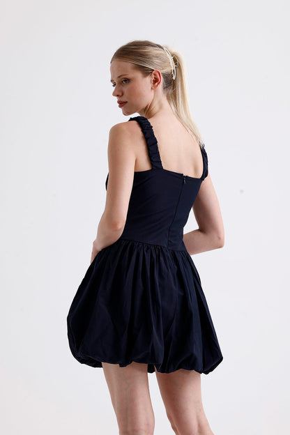 Poplin Kare Yaka Mini Balon Elbise Lacivert 2943
