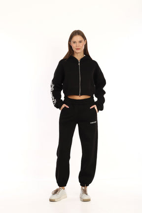 Hoodie Crop Eşofman Takımı Siyah 8275