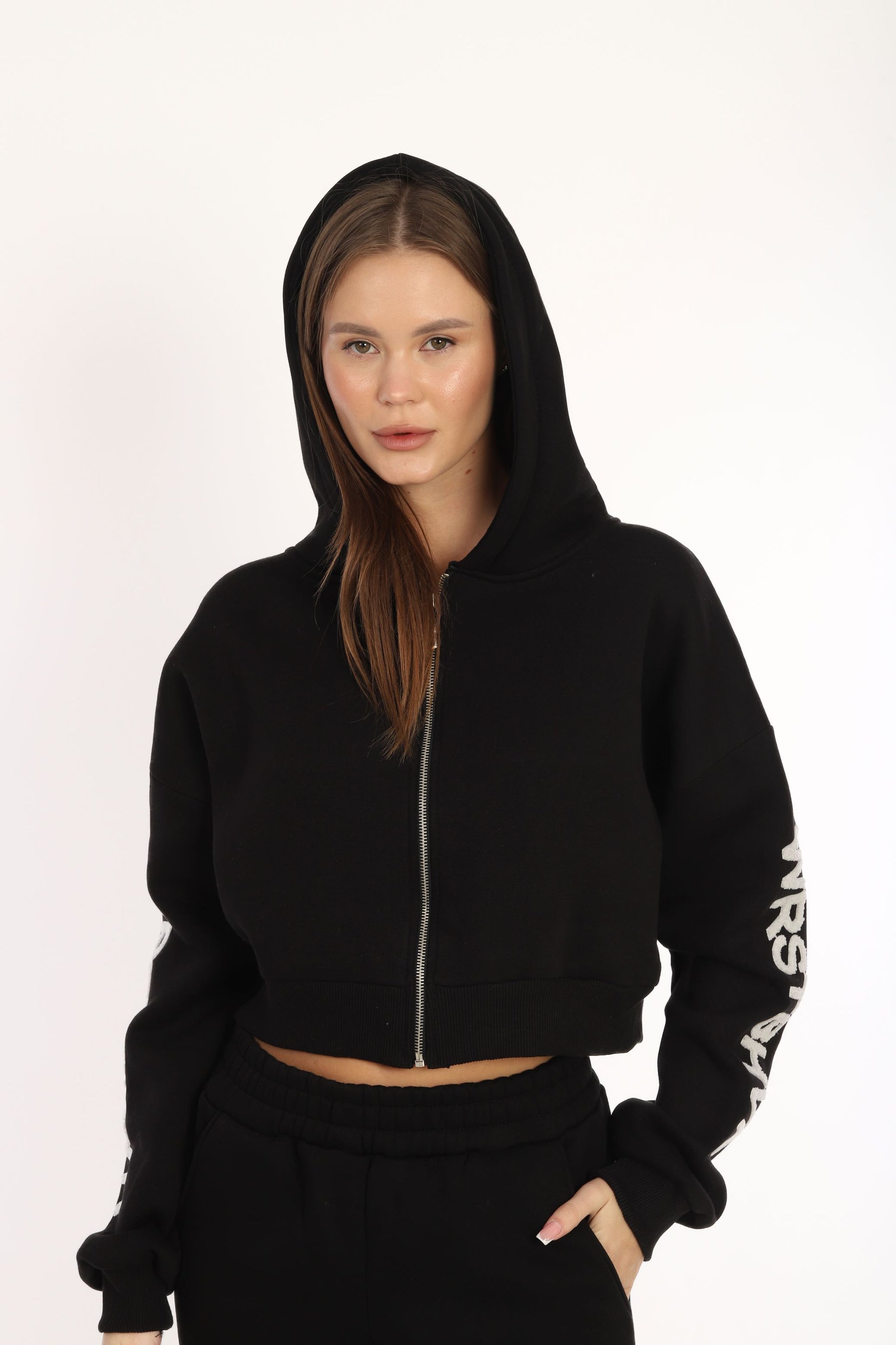 Hoodie Crop Eşofman Takımı Siyah 8275