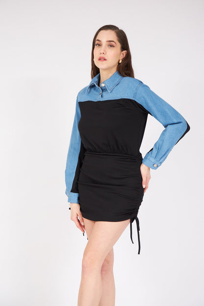 Denim Detaylı Büzgülü Elbise Siyah 4056