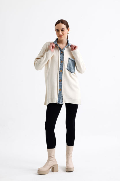 Denim Garnili Hırka Krem  9022
