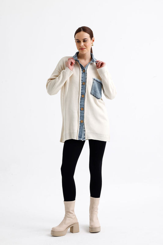 Denim Garnili Hırka Krem  9022