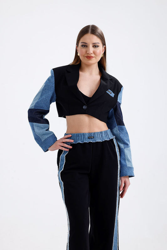 Denim Ve Nakış Detaylı Crop Ceket Siyah 0001