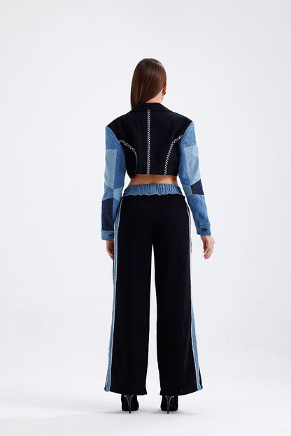 Denim Ve Nakış Detaylı Crop Ceket Siyah 0001