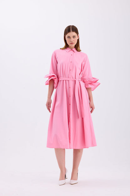 Gömlek Yaka Elbise Pembe 8140