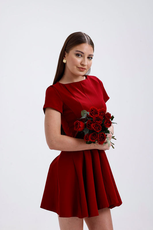 Volanlı Kısa Elbise Bordo 5009