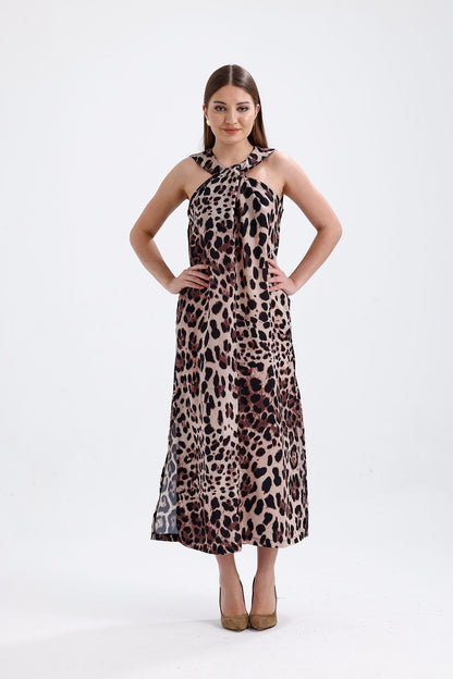 Kolsuz Yaka Leopar Detaylı Elbise 0114