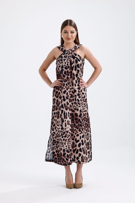 Kolsuz Yaka Leopar Detaylı Elbise 0114