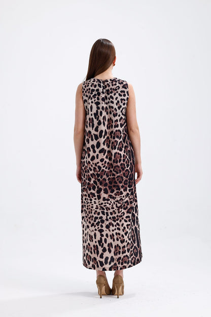 Kolsuz Yaka Leopar Detaylı Elbise 0114