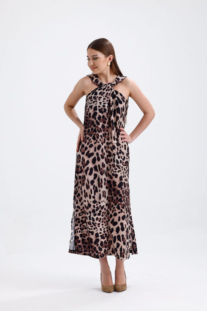 Kolsuz Yaka Leopar Detaylı Elbise 0114