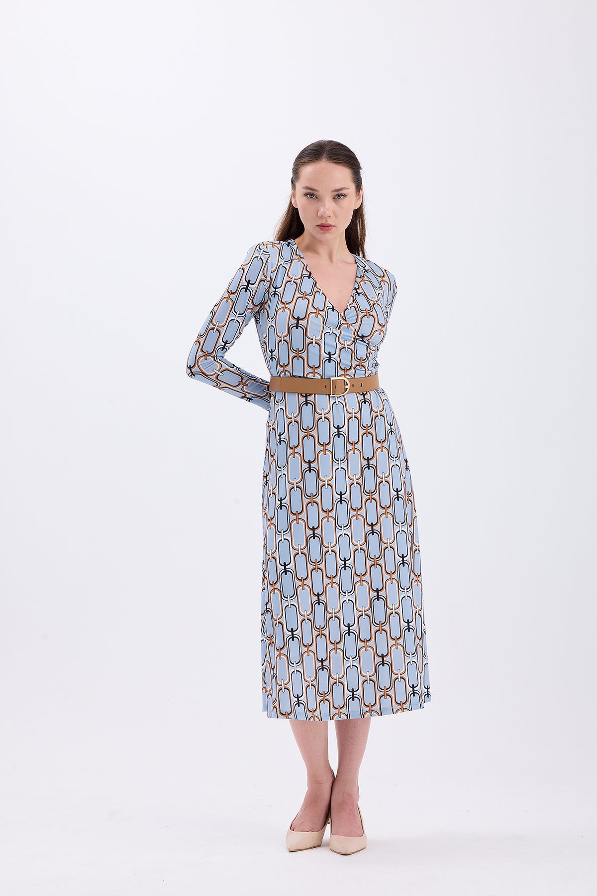 Midi Kemerli Elbise Bebe Mavi 1382