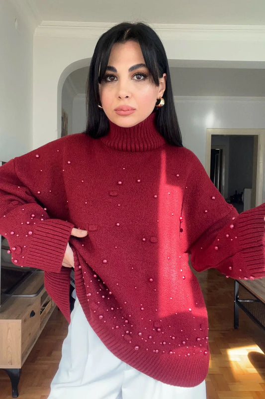 Ponponlu İnci Triko Kazak Bordo 3397
