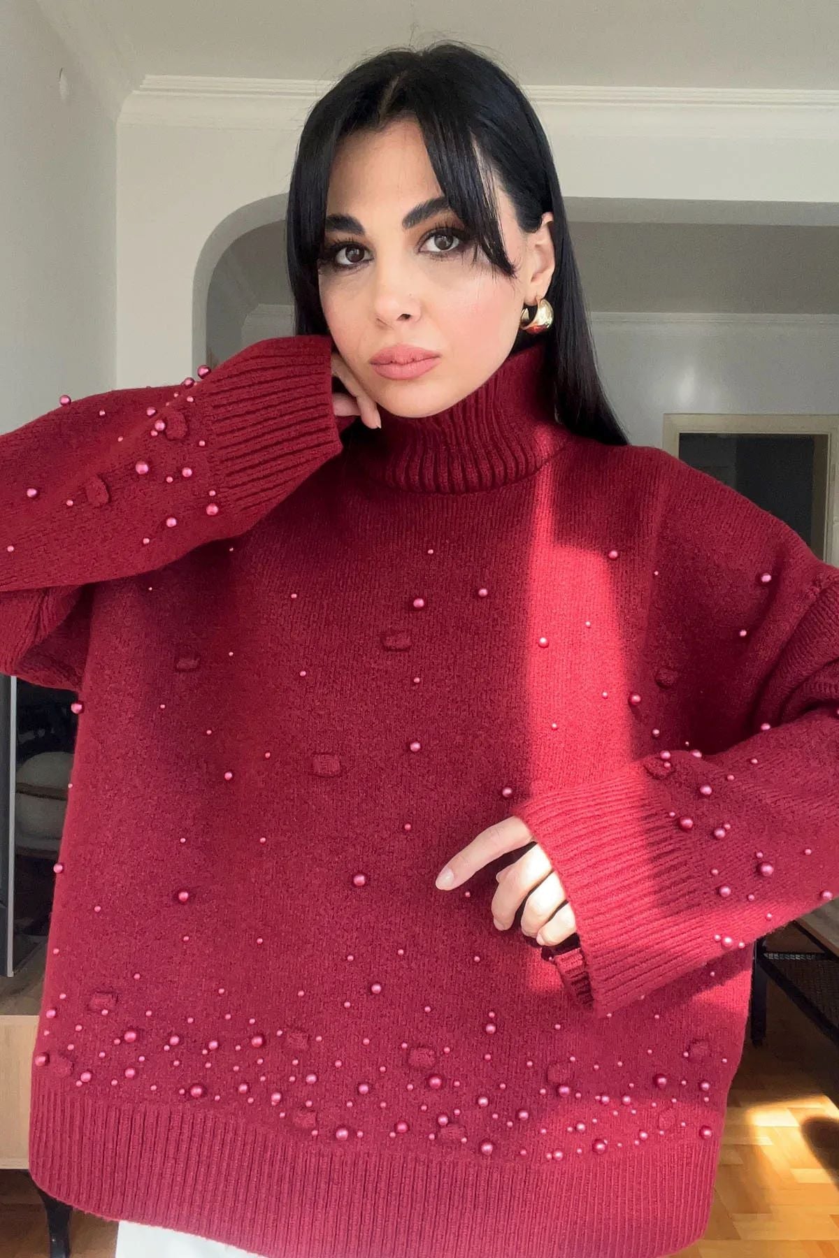 Ponponlu İnci Triko Kazak Bordo 3397