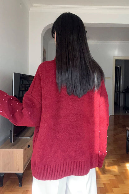 Ponponlu İnci Triko Kazak Bordo 3397