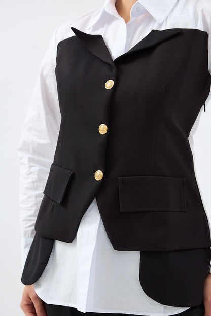 Poplin Garnili Yelek Gömlek Siyah Beyaz 4169