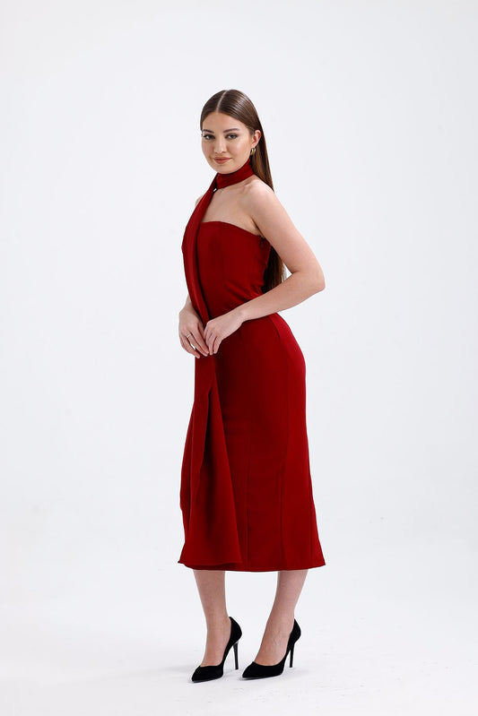 Straplez Elbise Bordo 9549