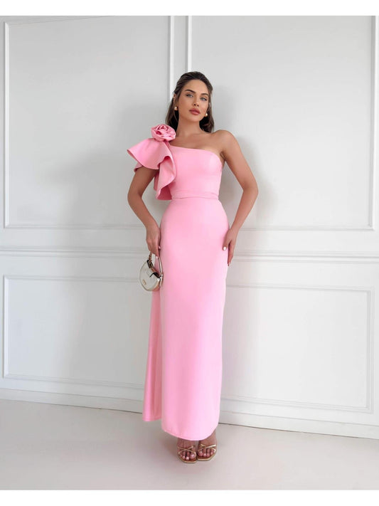 Tek Omuz Rose Broşlu Elbise Pembe 2900